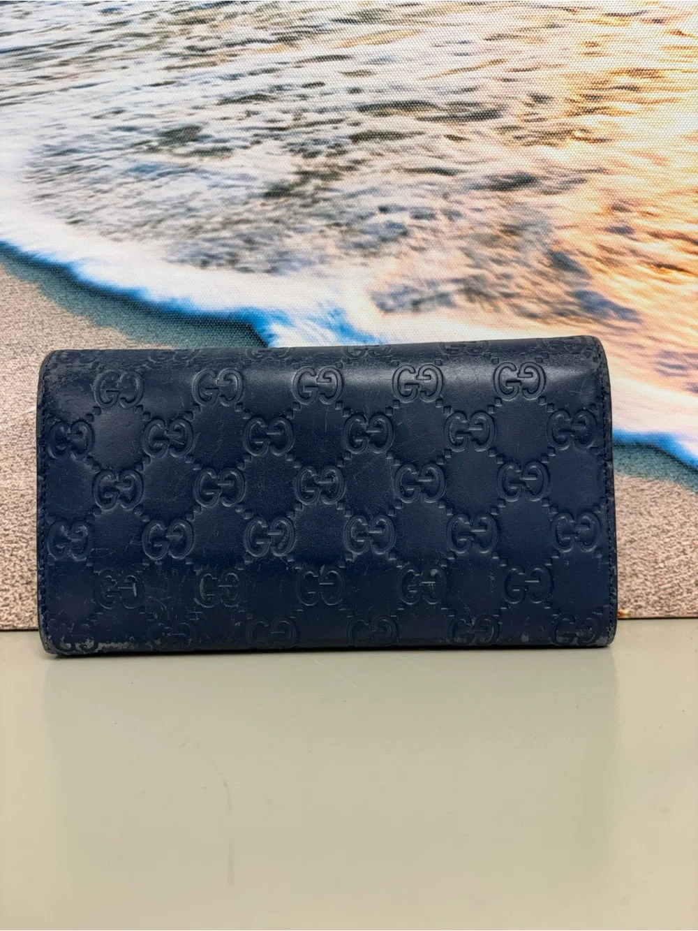 Gucci Navy Blue Guccissima Leather Flap Wallet 410100